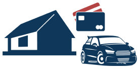 illustration of a house, a car, and credit cards.